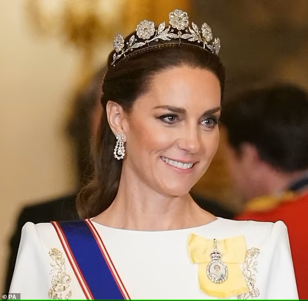 Princess of Wales is elegant in Queen Mother's Strathmore Rose Tiara and white gown as she attends glitzy State Banquet for South Korea's President and First Lady
