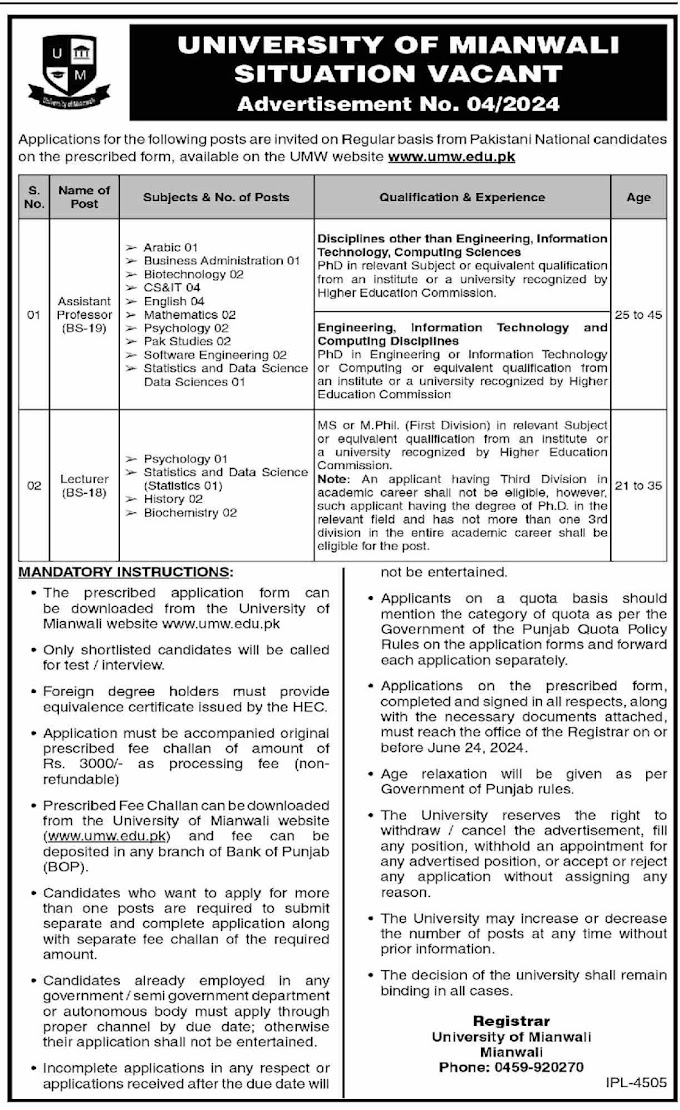 University of Mianwali Jobs 2024: Apply Now for Education Posts
