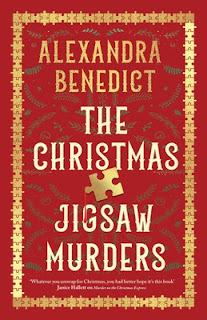 Book "The Christmas Jigsaw Murder" by Alexandra Benedict. Against a background of red and gold wrapping paper, a jigsaw piece is askew...