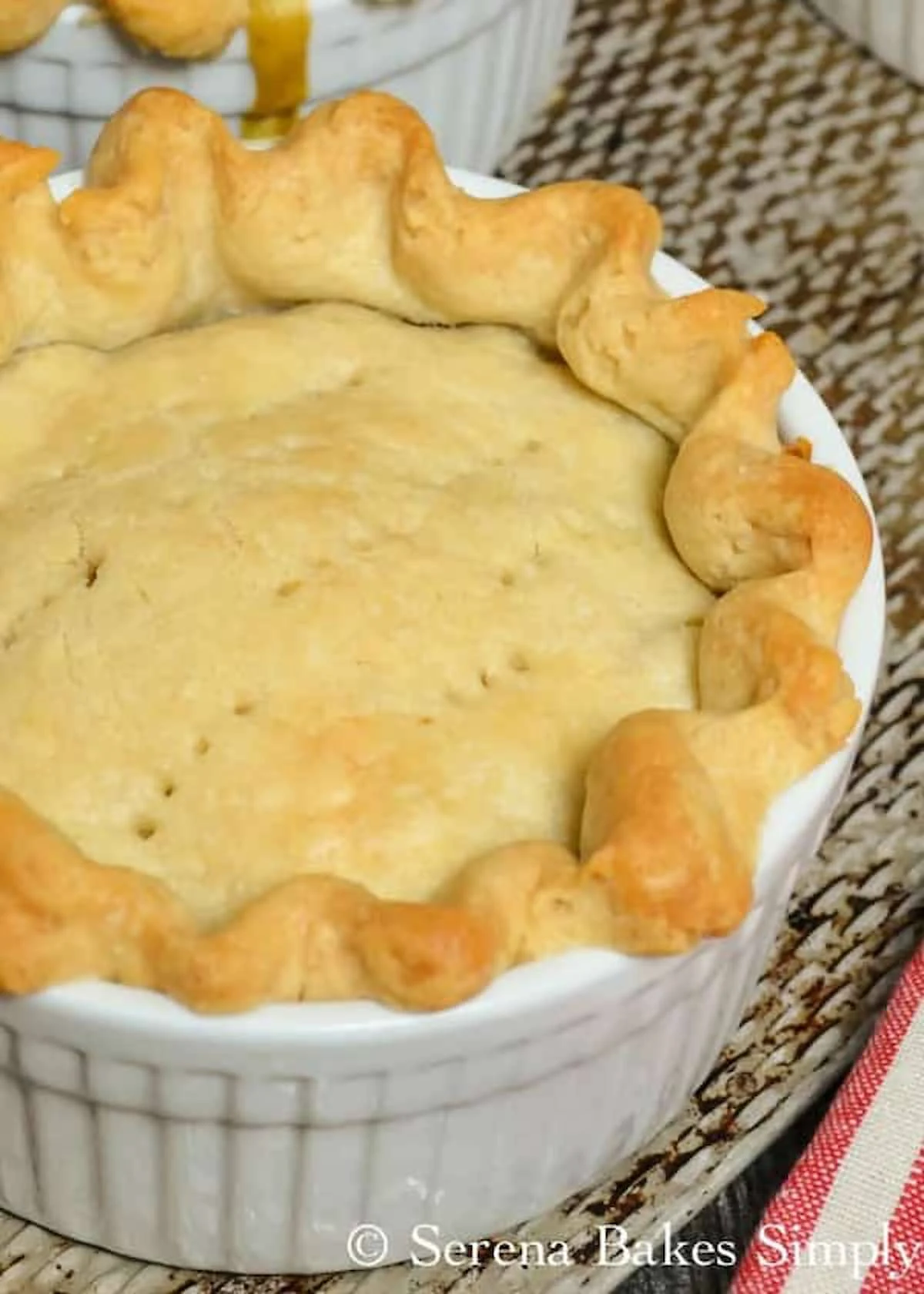 Homemade Chicken Pot Pie in a white ramekin.