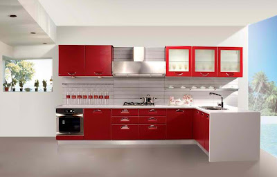 Stylish Red Kitchen Cabinet And Simple Shelves Area