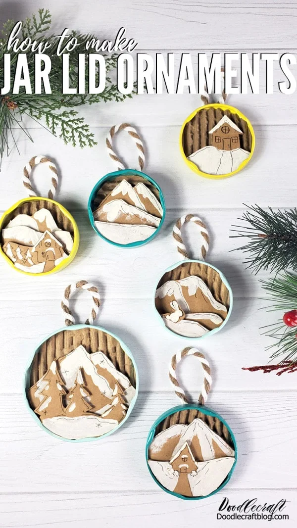 That's it!  What do you think of these jar lid ornaments--don't you just love them?   Do you have everything it takes to make these adorable little Winter scene Jar Lid Ornaments?   So gather up used jar lids to recycle, hold on to those cardboard boxes, and grab a paint pen or some craft paint and make a bunch of jar lid ornaments for the holidays.   Like, Pin and Share!