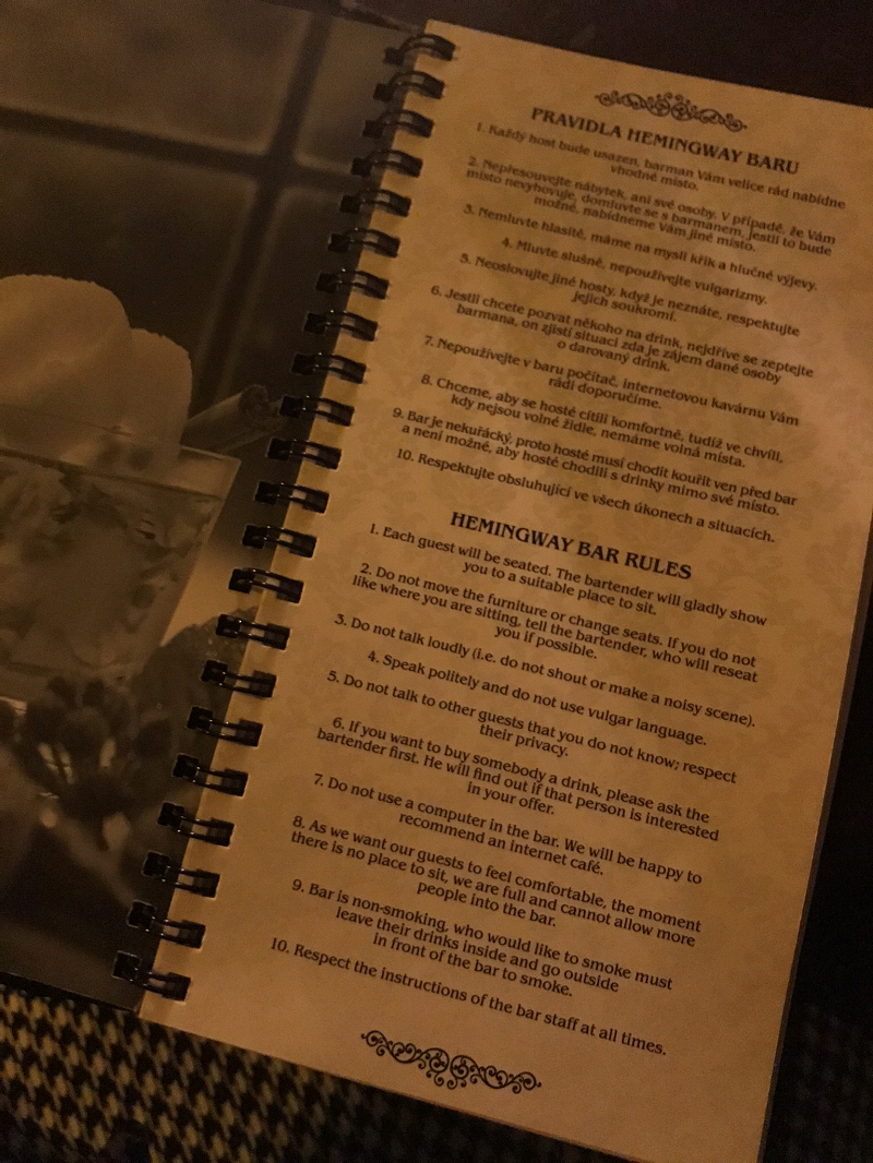 A list of house rules at Hemingway Bar in Prague