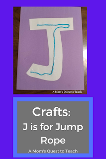 text: Crafts: J is for Jump Rope; A Mom's Quest to Teach; photo of letter J made of construction paper with yarn glued on it