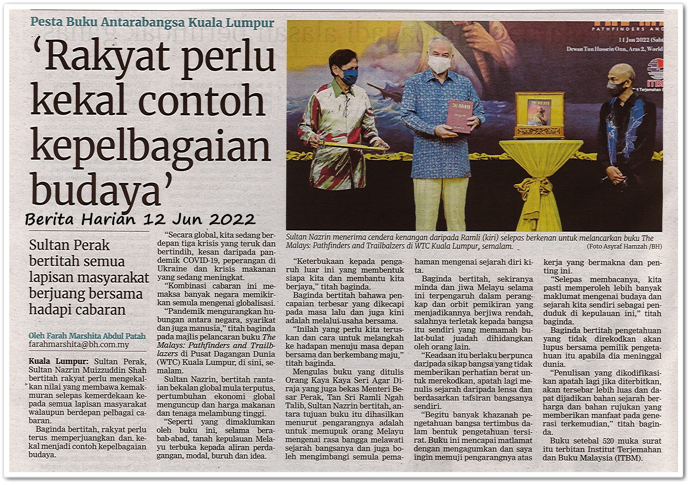 'Rakyat perlu kekal contoh kepelbagaian budaya' - Keratan akhbar Berita Harian 12 Jun 2022