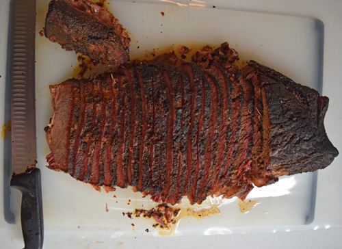 Overhead view of sliced beef brisket