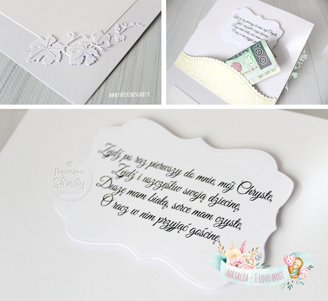 kartka kartki okolicznościowa handmade rękodzieło ręcznie robiona scrapbooking pierwsza komunia świąta komunijne gratulacyjna wiosenna pastelowa papierowe kawiaty kielich hostia i love digi papierowe skarby