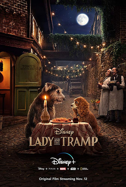 Disney+ presents the movie poster for "Lady and the Tramp" (2019), starring Tessa Thompson, Justin Theroux, Sam Elliott, Janelle Monáe, Clancy Brown, and Benedict Wong