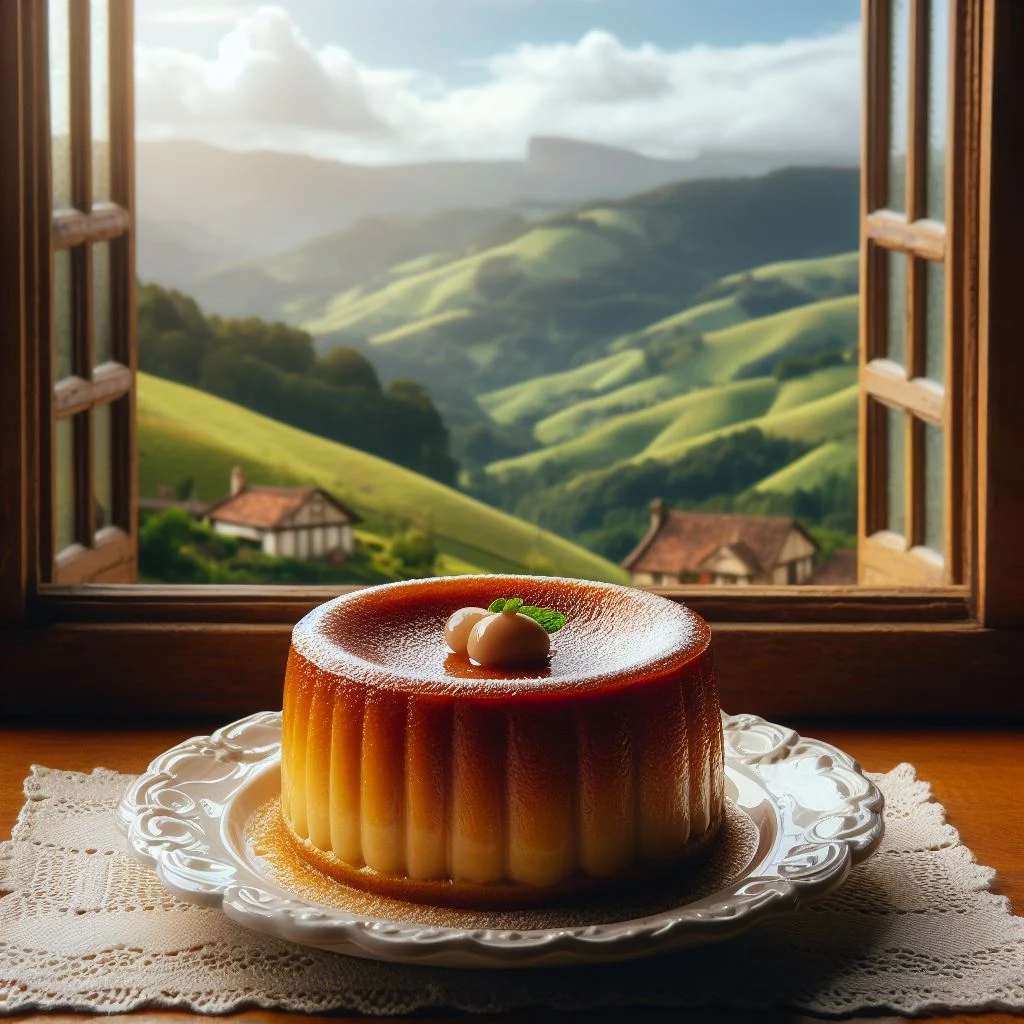 plato de flan frente a una ventana con vista al campo