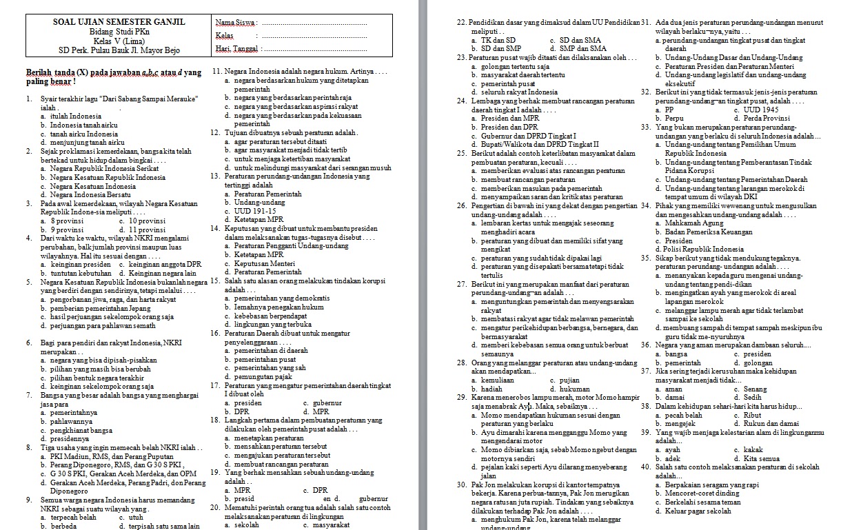 40 Soal  Ujian  Tengah  Semester  Pendidikan Kewarganegaraan 
