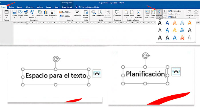 Usando WordArt de Microsoft Word para el texto de las lineas de los mapas mentales