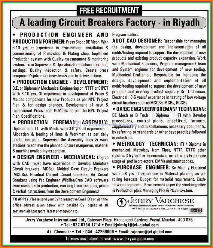 Free Recruitment for a leading circuit breakers factory Riyadh