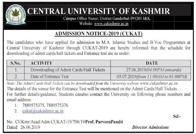 Central University of Kashmir admission notice 2019