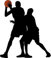 A silhouette of a two-people playing basketball