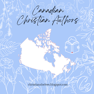 Canadian Christian Authors text on blue floral background with outline of map of Canada beside a reader icon holding a book with a maple leaf on the spine and the christianshelves.blogspot.com logo beneath