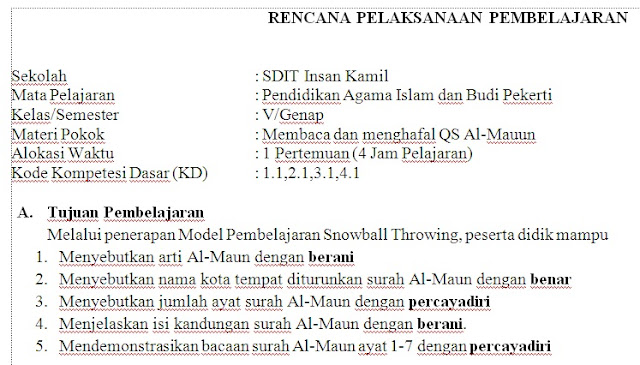 Contoh RPP Selembar PAI Kelas 5 SD