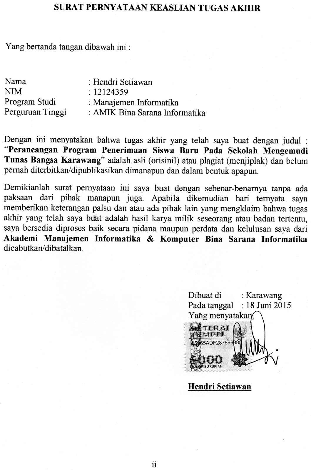 Contoh Surat Pernyataan Skripsi | Contoh Soal Dan