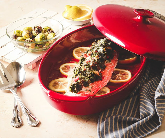 SALMON IN RED CERAMIC DISH