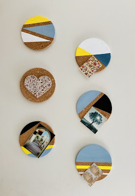 Easy DIY cork photo display idea - photos on painted cork mats
