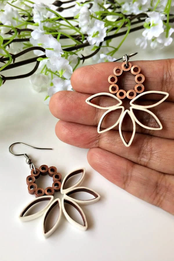quilled white and copper dangle paper earrings