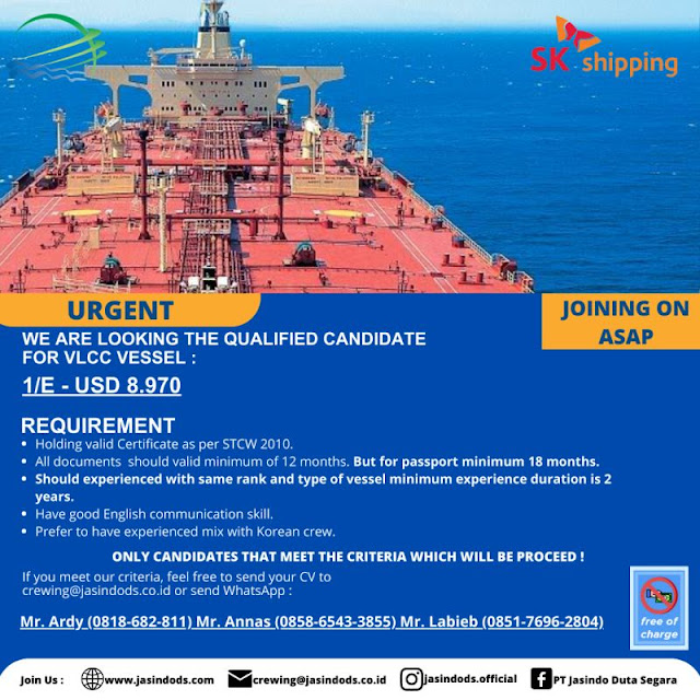 Info Cans Pelaut 1st Engineer, Oiler VLCC Chemical Tanker April 2024