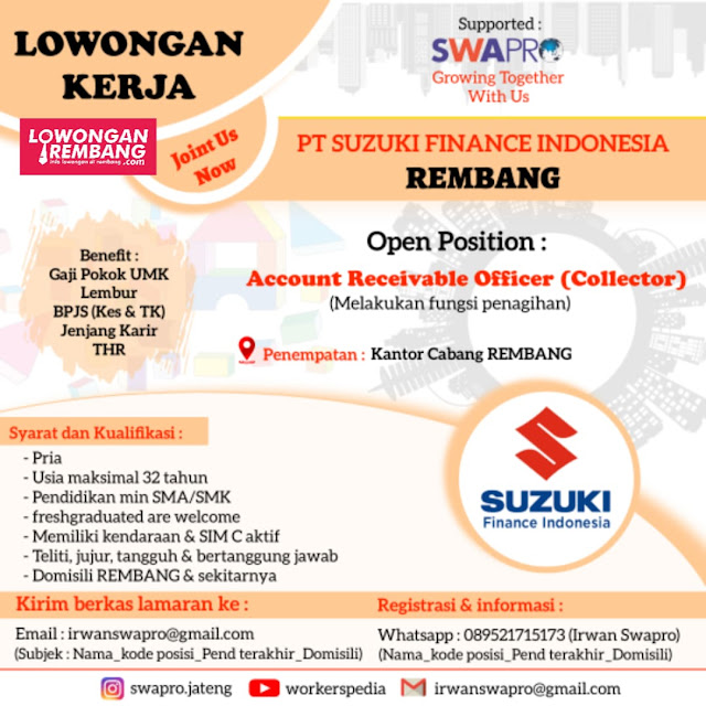 Lowongan Kerja Account Receivable Officer (Collector) PT Suzuki Finance Indonesia Rembang