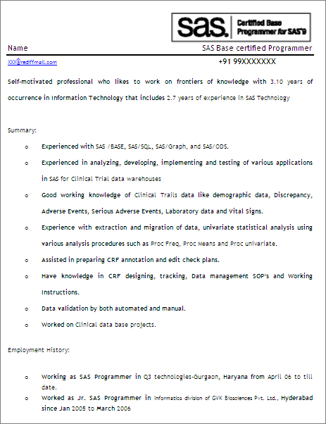 SAS Programmer / Developer - Free Resume Template