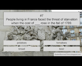 People living in France faced the threat of starvation when the cost of ___ rose in the fall of 1789. Answer choices include: potatoes, tomatoes, bread, beer