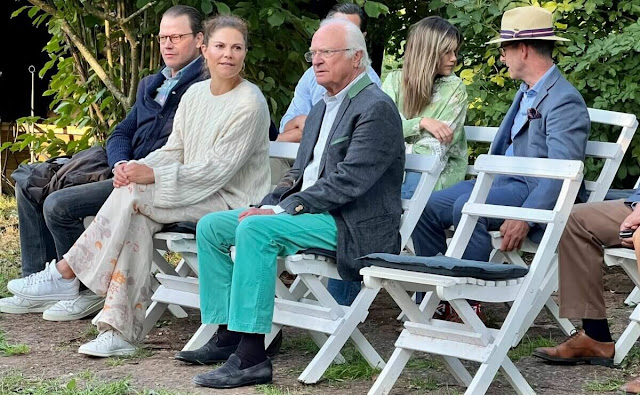 Crown Princess Victoria wore charley silk pants from By Malina. Toteme sweater. Princess Sofia wore a green blouse by Miss June