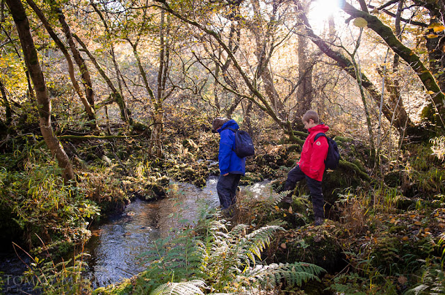 Kids playing in autumn woods, shot by Tommy Martin, for Sprayway