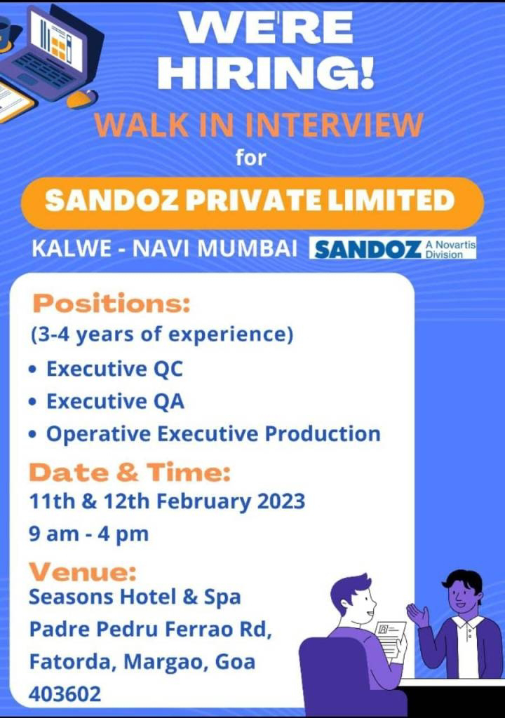 Job Availables, Sandoz Pvt Ltd Walk In Interview For QC/ QA/ Production Department