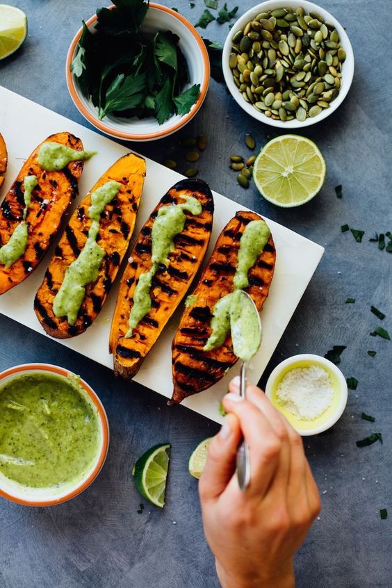 smashed grilled sweet potatoes with chimichurri