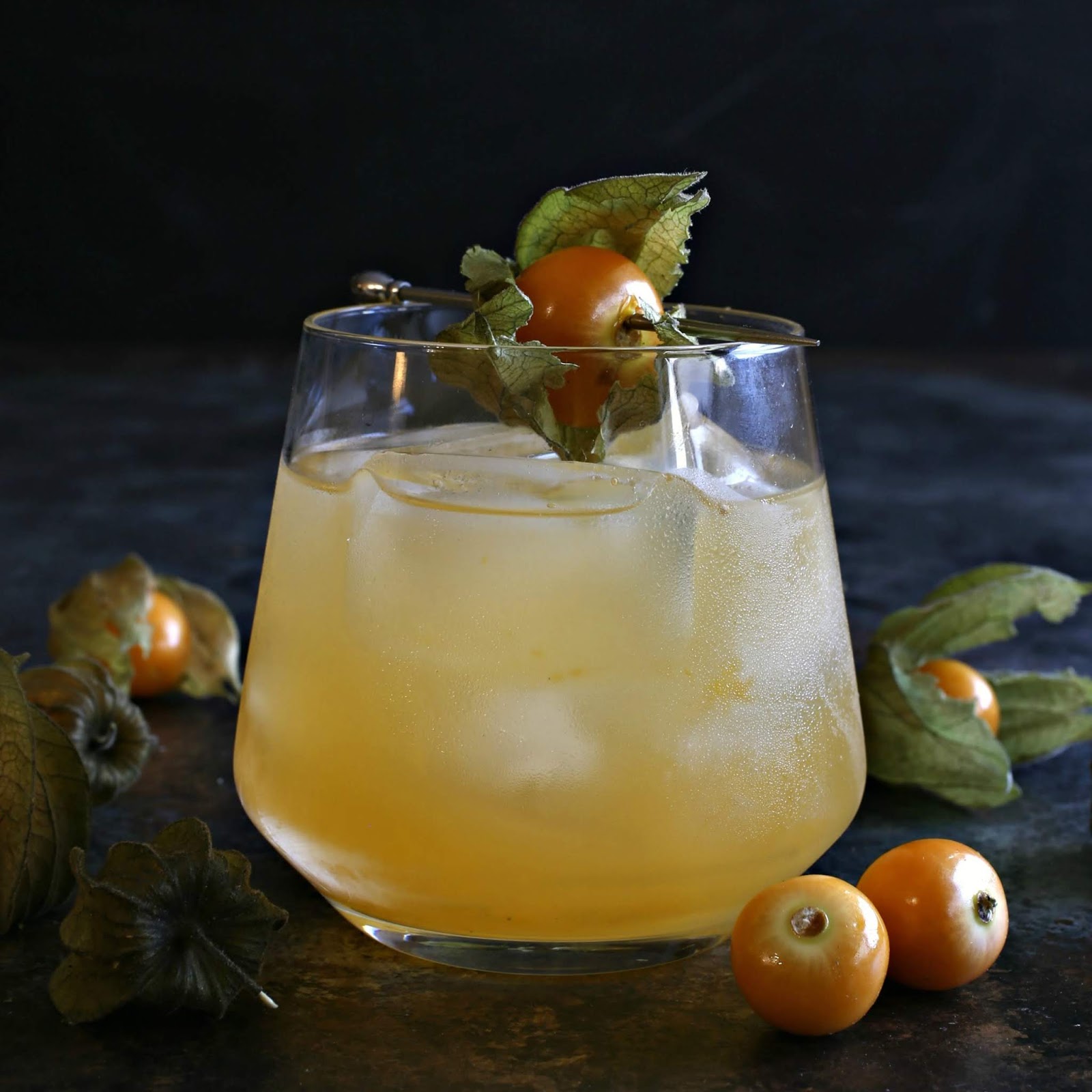 Gin cocktail flavored with fresh cape gooseberries and elderflower liqueur.