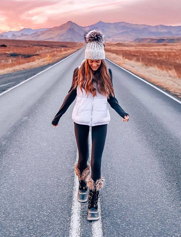 outfit of the day | hat + white vest + sweater + leggings + boots