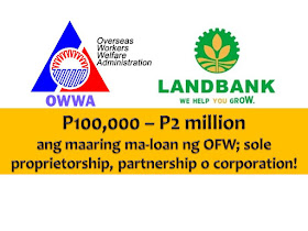 Here's another opportunity for OFWs who wants to pursue business in the Philippines.  The Overseas Workers Welfare Administration (OWWA) and Land Bank of the Philippines (LBP) have relaunched its reintegrated program for OFWs with a guaranteed fund of P1 billion pesos.  Philippine Labour Attache for Dubai and the Northern Emirates Ofelia Domingo confirmed that the integration program was relaunched last week.  Dominggo said an interested party must be an active OWWA member whose membership dues are updated.  Former OFWs are now being considered, who have been in the Philippines for three years since re-settlement.