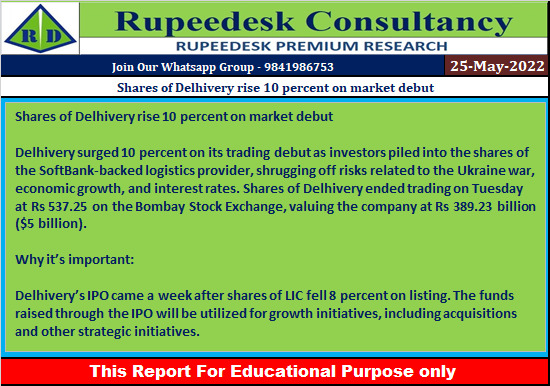 Shares of Delhivery rise 10 percent on market debut - Rupeedesk Reports - 25.05.2022