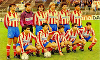 CLUB ATLÉTICO DE MADRID. Temporada 1991-92. Ferreira, Abel, Futre, Schuster, Vizcaíno y Donato. Tomás, Moya, Toni, Solozábal y Manolo. CLUB ATLÉTICO DE MADRID 5 REAL VALLADOLID DEPORTIVO 1. 01/12/1991. Campeonato de Liga de 1ª División, jornada 12. Madrid, estadio Vicente Calderón: 35.000 espectadores. GOLES: 1-0: Manolo, de penalti. 2-0: 51’, Manolo. 3-0: 55’, Manolo. 3-1: 60’, Goyo Fonseca. 4-1: 68’, Schuster. 5-1: 89’, Schuster.