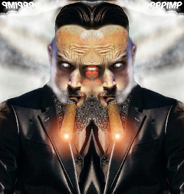 3/7 original digital art of bearded Master with glowing eyes wearing black leather blazer mirrored into two symmetrical