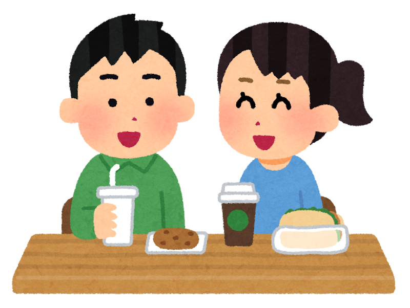 無料イラスト かわいいフリー素材集 カウンターで食事をする人たちのイラスト バラバラ