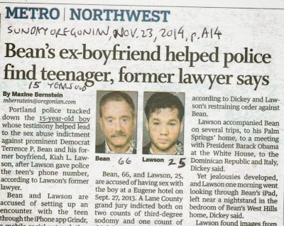 Sunday Oregonian headline 'Terry Bean's ex-boyfriend helped police find alleged 15-year old victim in sex abuse . . .