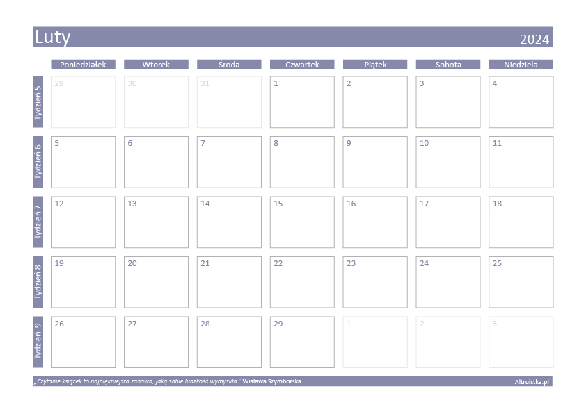 Luty 2024 - kalendarz do druku