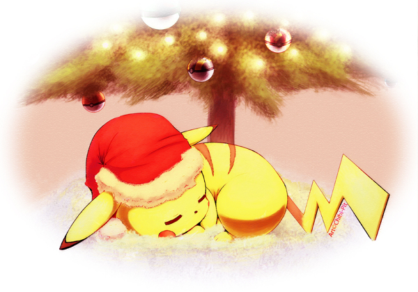 Pikachu duerme bajo el arbol de Navidad