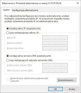 Ustawienia karty sieciowej do korzystania z serwera DHCP (czyli pobierania ustawień z routera)