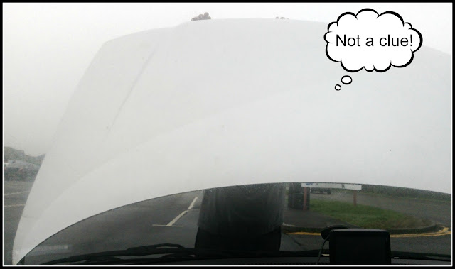 Man looking under car bonnet, taken from inside car.