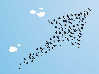 A flock of birds is silhouetted against a blue sky in the shape of an arrow