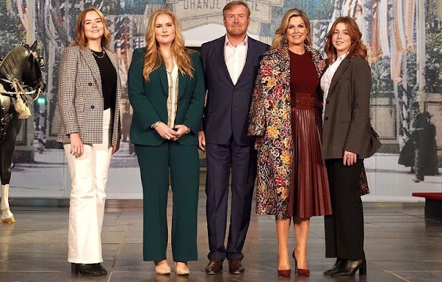 Oscar de la Renta coat, Zara green suit, Roberto Collina skirt, Zeus + Dione shirt. Queen Maxima Princesses Amalia, Alexia and Ariane