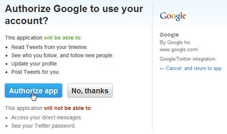 Memberi ijin Google untuk mengakses akun Twitter