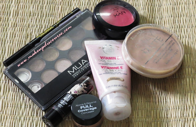NYX above and beyond full coverage concealer in medium MUA Heaven & Earth Palette Maybelline Colossal Eyeliner Rimmel Stay matte in the shade 004 Sandstorm Revlon Streetwear Lipstick in Pink Persuasion The Body Shop Vit E Cool BB Cream In India