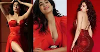 janhvi kapoor red outfit cleavage legs curvy indian actress