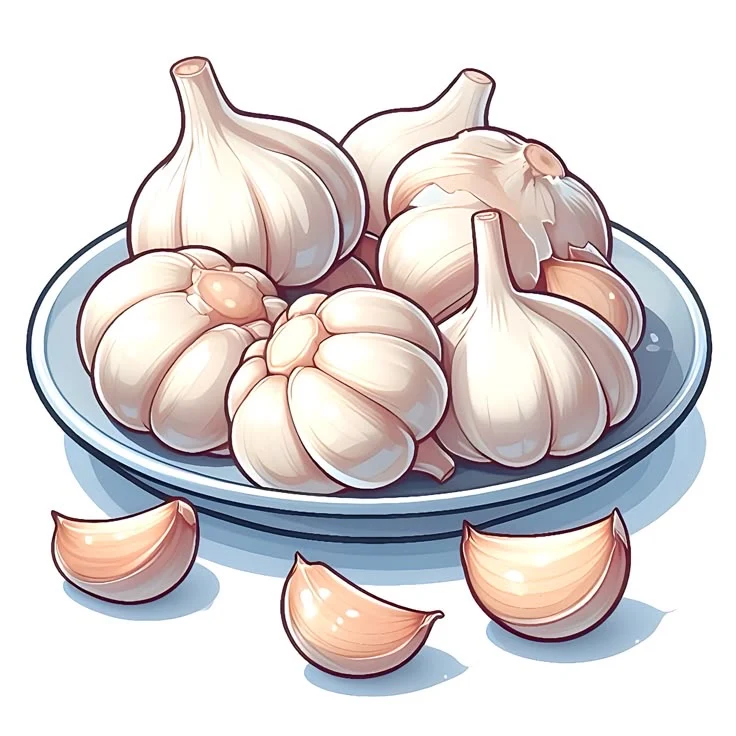 にんにくのイラスト:丸ごととカットされたにんにくが皿に並んでいる